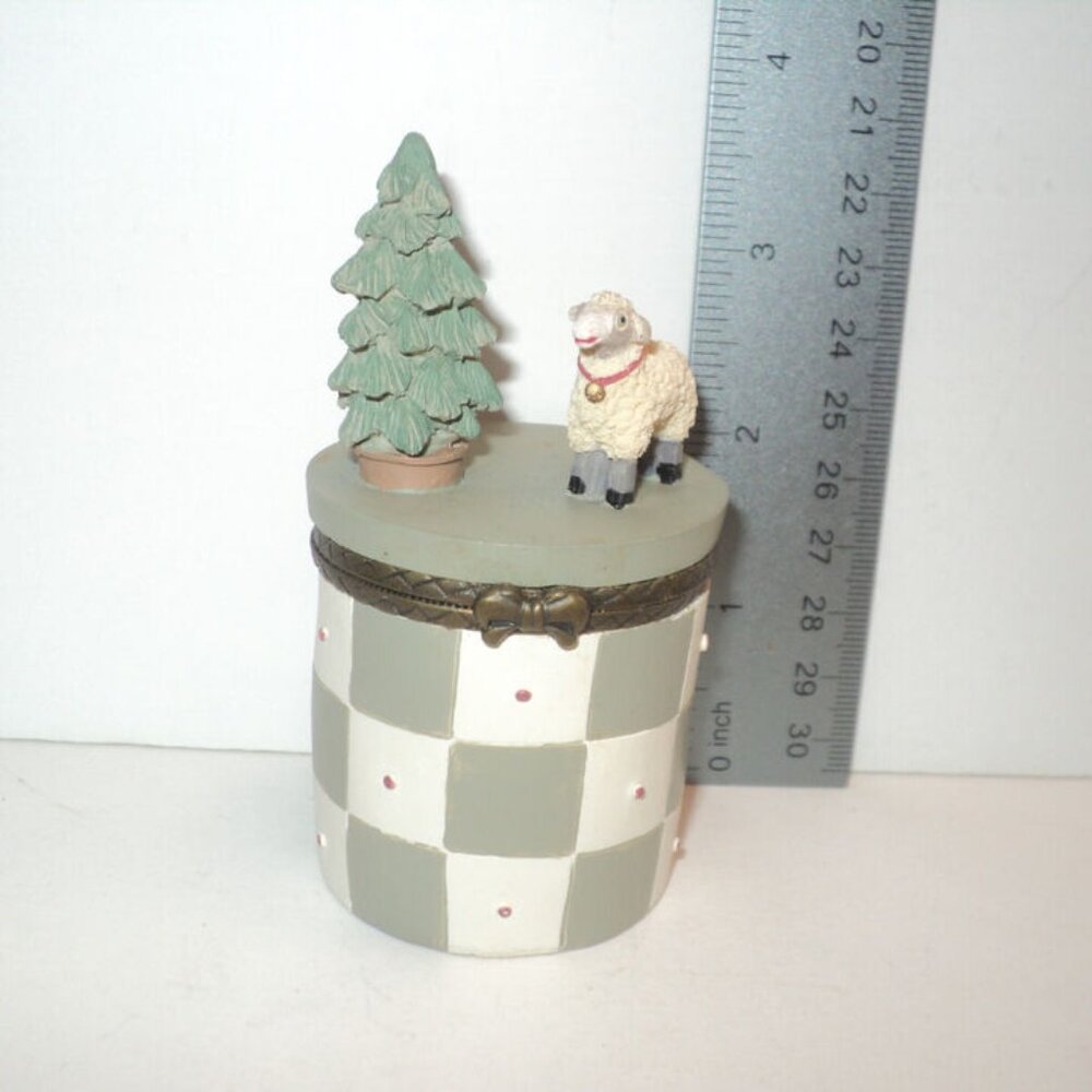 Miss Heather's Plum Pudding Snowmen Trinket Box Checkered Green Pine Tree & Lamb